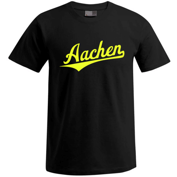 Aachen Unisex T-Shirt, Farbe schwarz, Schriftzug neon gelb