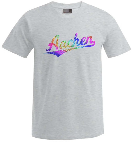 Aachen Unisex T-Shirt, Farbe heather grey, Regenbogen Schriftzug